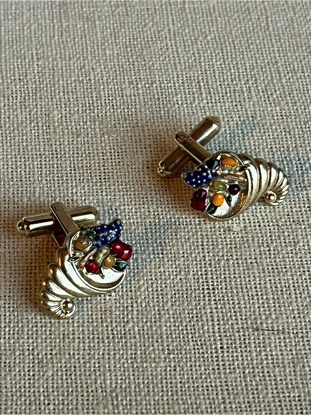 Cornucopia Fruit Basket Enamel Cufflinks Gold Tone Harvest